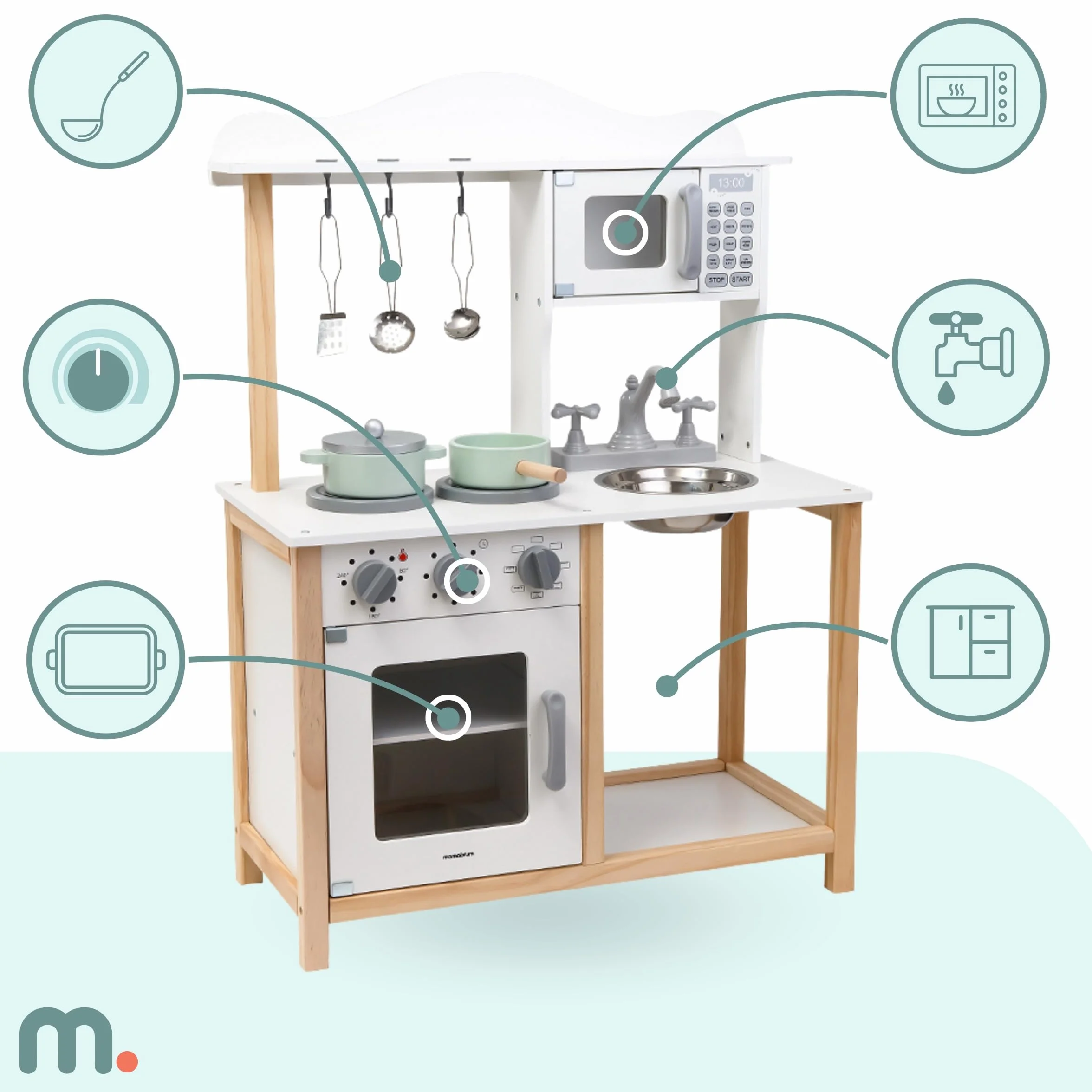 Mamabrum Cucina Giocattolo per Bambini in Legno - Cucina Completa con Forno, Microonde e Lavello - Set Montessori con Accessori e Suoni Meccanici per Bimbi da 3 Anni