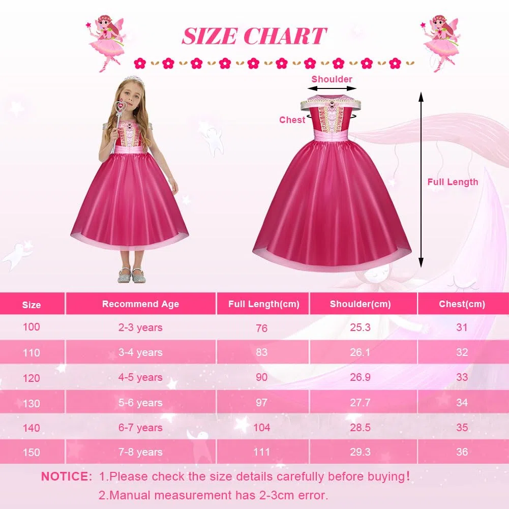 Costumi Principessa, 6 PCS Vestito Bambina Bella Addormentata Costume con Accessori, Ragazza Abiti Principessa Abito Principessa Rosa da Carnevale Halloween