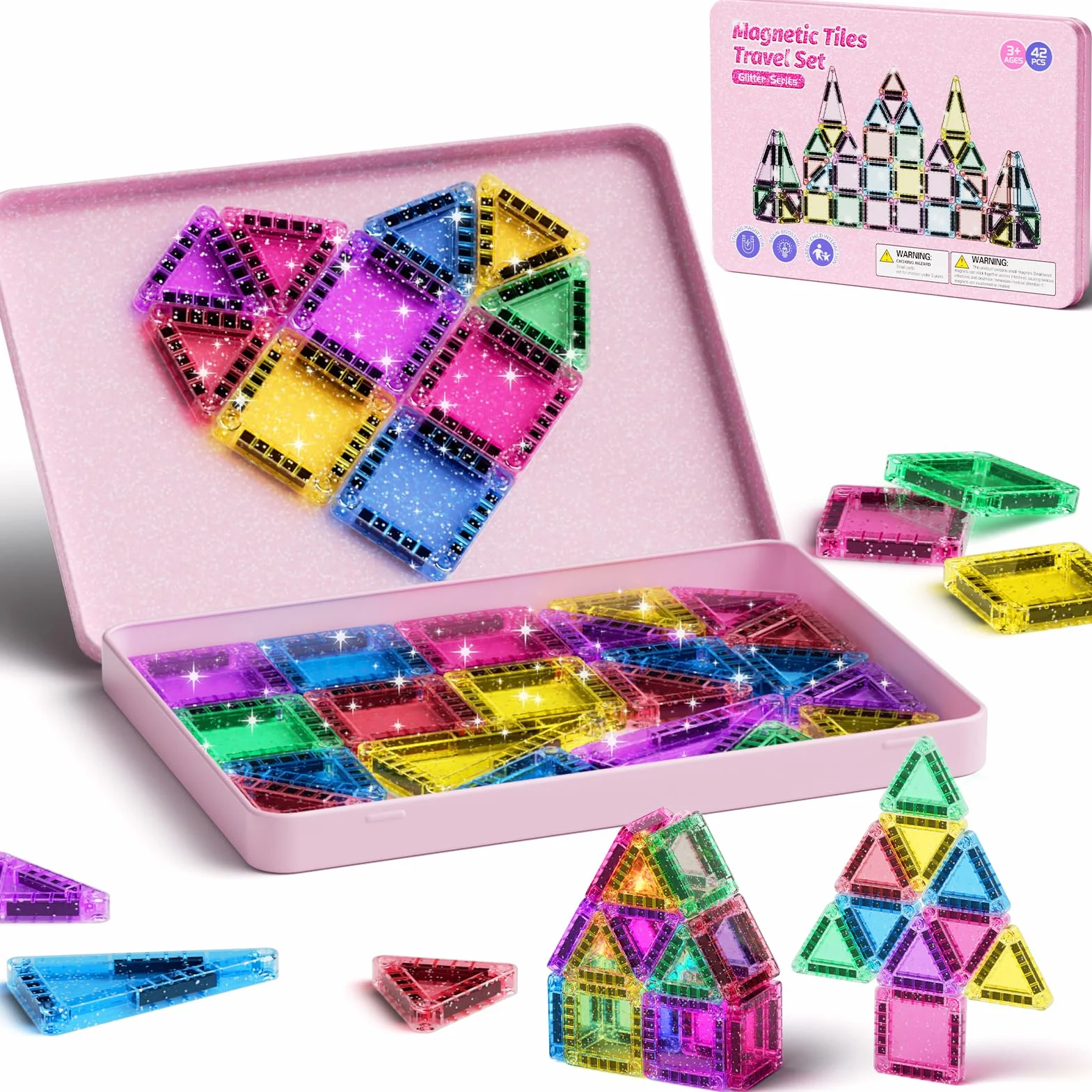 Set di 42 piastrelle magnetiche da viaggio con glitter da viaggio, per bambini, menta, piastrelle magnetiche con base in ferro, mattoncini da costruzione magnetici, giocattolo da viaggio, regalo per 3