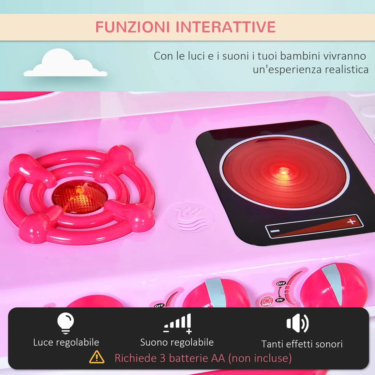 HOMCOM Cucina Giocattolo per Bambini con 38 Accessori Inclusi, Gioco con Luci e Suoni Realistici, 78x29x87cm, Rosa