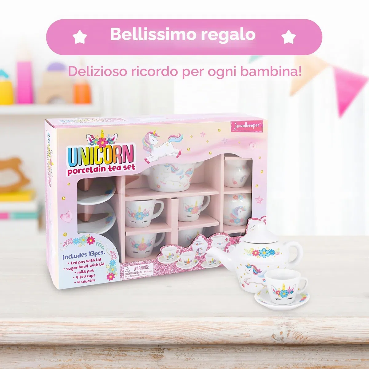 Jewelkeeper Set da tè in porcellana per bambine - Giocattolo da tè, Tazze da tè in ceramica rosa con scatola rosa - Regalo per bimbi di 3 anni - Design Unicorno, 13 pezzi