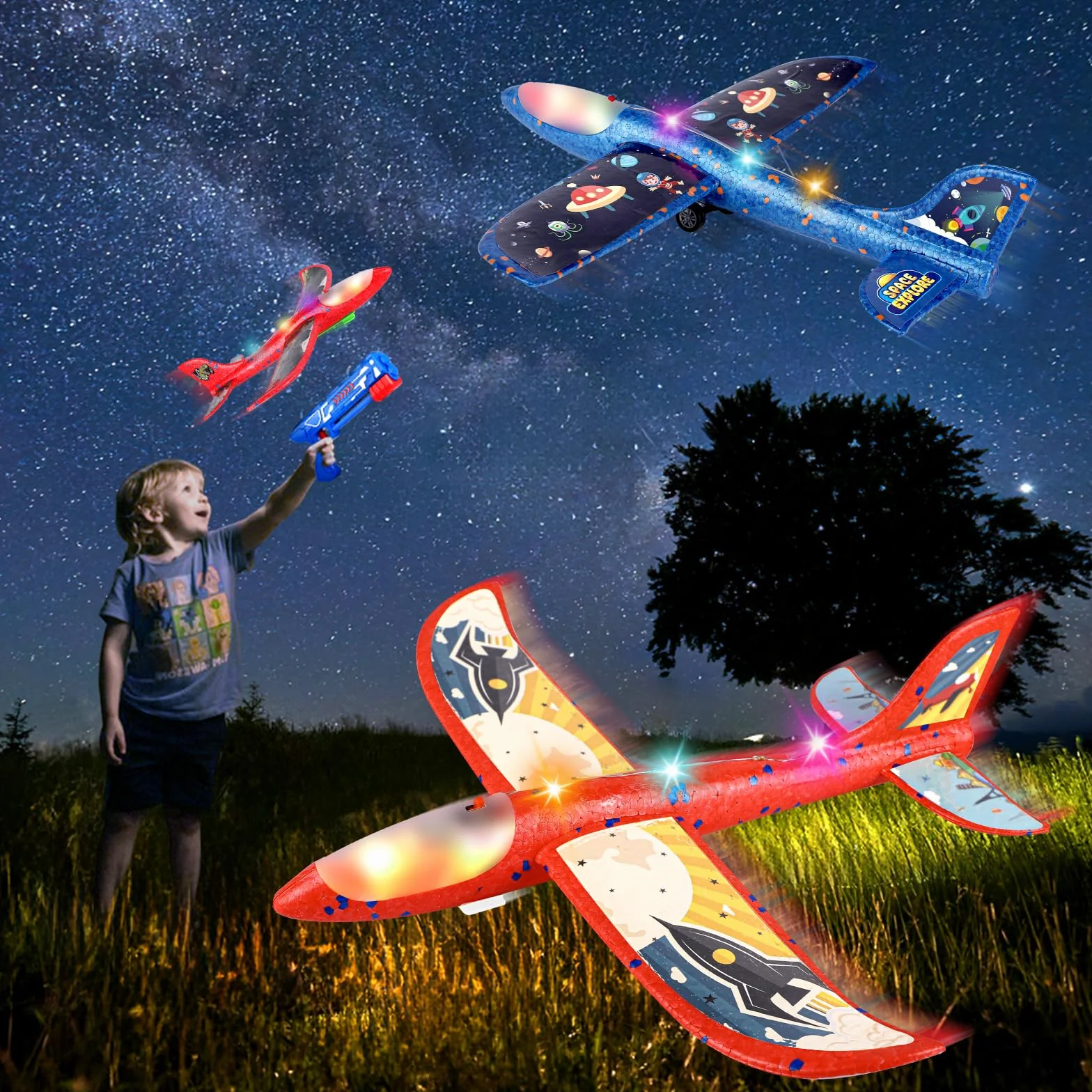 Aereo Polistirolo per Bambini 3 4 5 6 7 8 9 10 Anni, Aereo Giocattolo con Pistola Catapulta Aliante Aeroplano Schiuma Aerei Modellini, Gioco Esterno All'aperto Interattivi Regalo Compleanno Bimbo