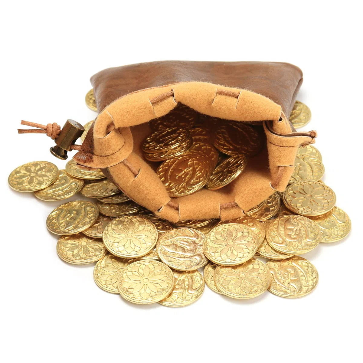 Byhoo DND Set di Monete in Metallo Fantasia con Borsa in Pelle, gettoni Gioco da Tavolo, Tesoro e Oggetti di Scena retrò, 50 Monete d'oro magiche DND per Giochi di società TRPG