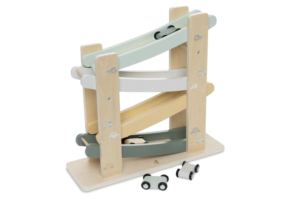 Jollein Pista in legno auto – On The Go – pista da corsa con 4 auto in legno – promuove abilità motorie e coordinazione – giocattolo auto – idea regalo per bambini – rampa auto