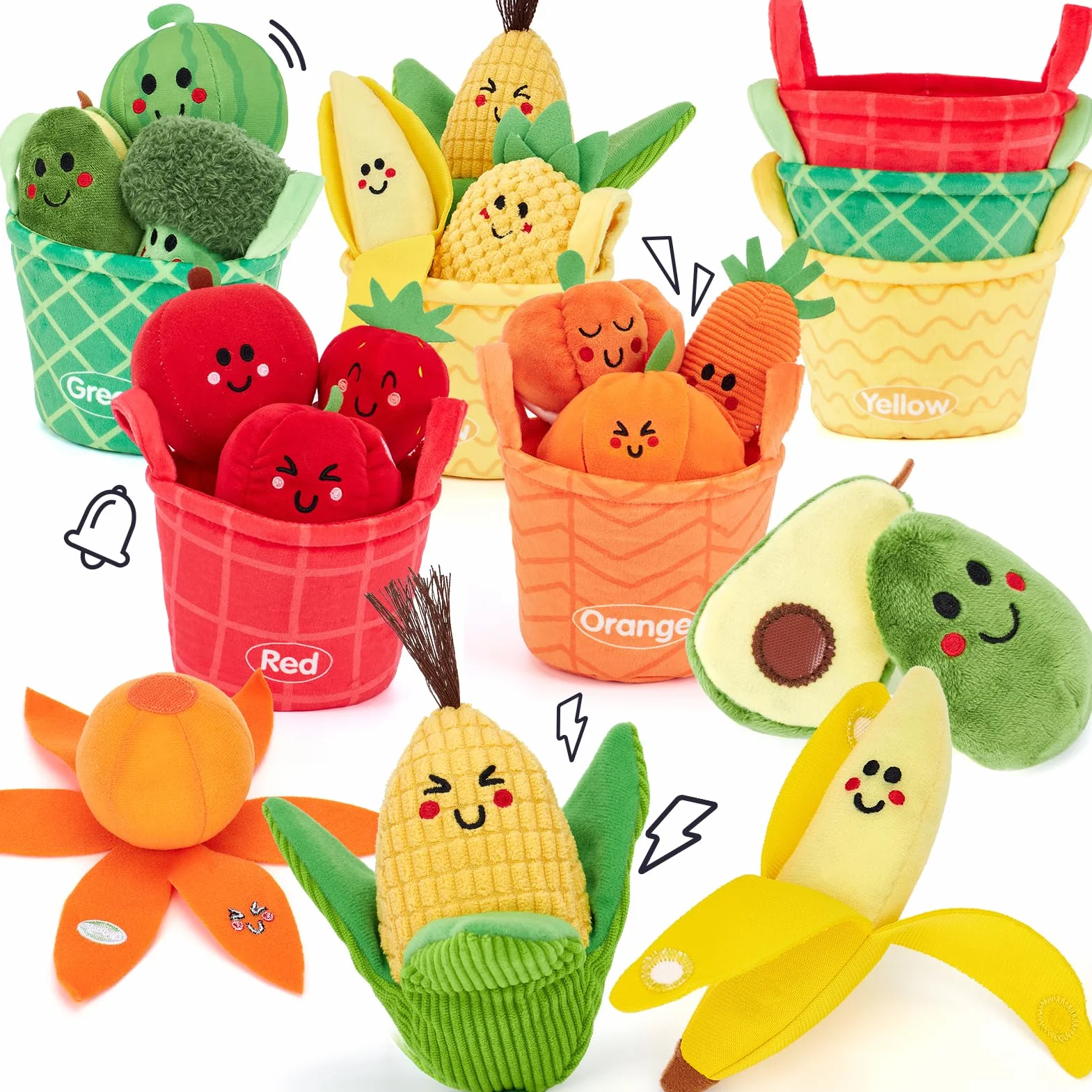 hahaland Giochi Montessori 6 Mesi - 16 PCS Frutta e Verdura Giocattolo in Peluche con Sonaglio e Cestino, Gioco Bambino Educativi Regalo Bimbo Bimba 6 9 12 Mesi