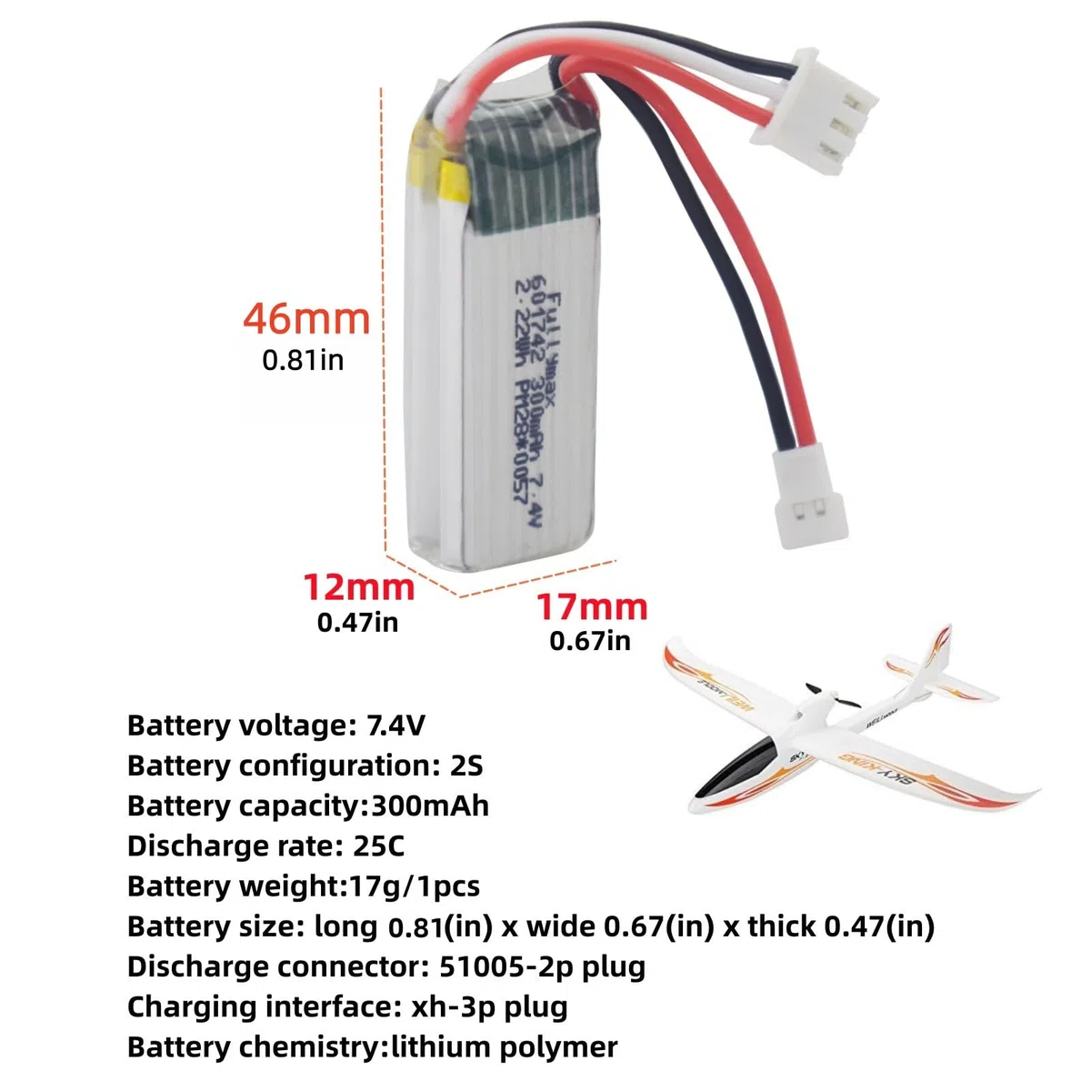 Batteria al litio ad alta velocità da 7.4V 300mAh per WLToys F959 F959S XK A600 A700 A800 A430 RC Modello di aeroplano Batteria Ricaricabile per aliante ad ala Fissa