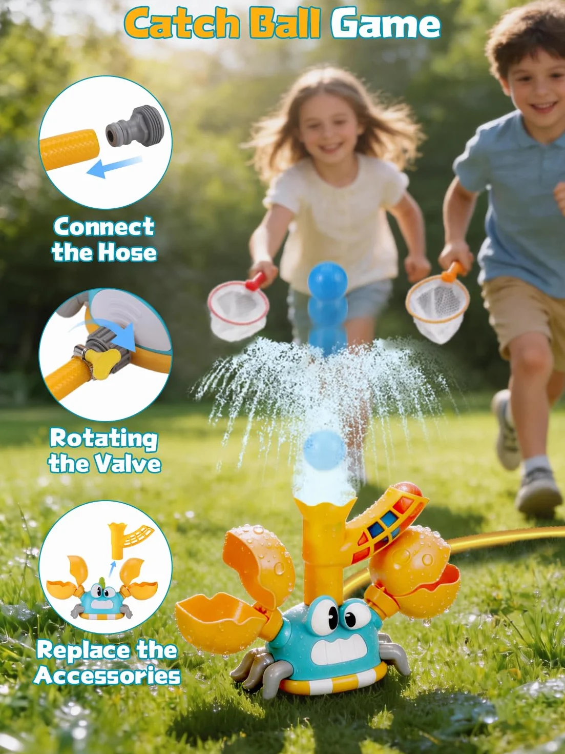 3-in-1 Giochi da Giardino da Esterno, Irrigatore per Bambini Forma di Granchio con Prendi la Palla e Lancia, Regalo Creativi per Bambino, Il Giocattoli Estivo Perfetto per Bambini 3 4 5 6 7 8 9 Anni