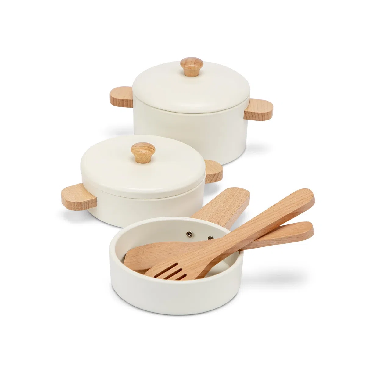 Woet® – Giocattolo da Cucina in Legno per Bambini Piccoli – Set di Pentole e Padelle Bianco 7 Pezzi – Accessori Cucina Giocattolo – A Partire da 2 Anni – Regalo per Bambini