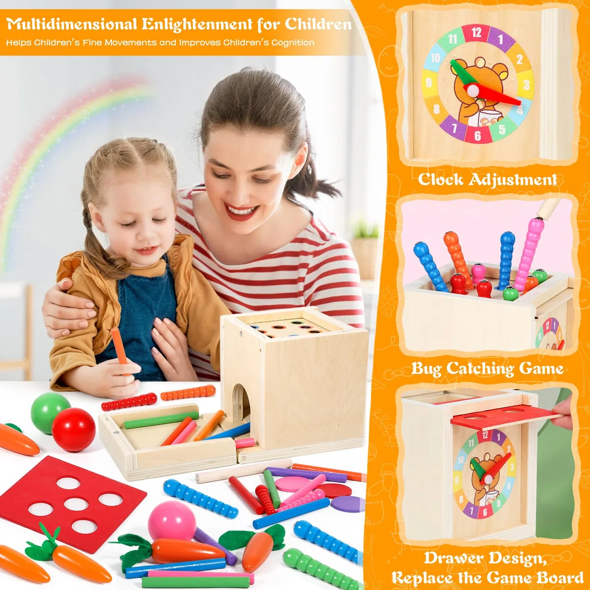 Purpledi Giochi Legno Bambini, 6 in 1 Giochi Montessori Cubo Multiattivita Legno Gioco per 1 2 3 Anni Ragazzi Ragazze, Interattivo Giocattoli Educativi per Bambini Come Regalo di Natale (A)