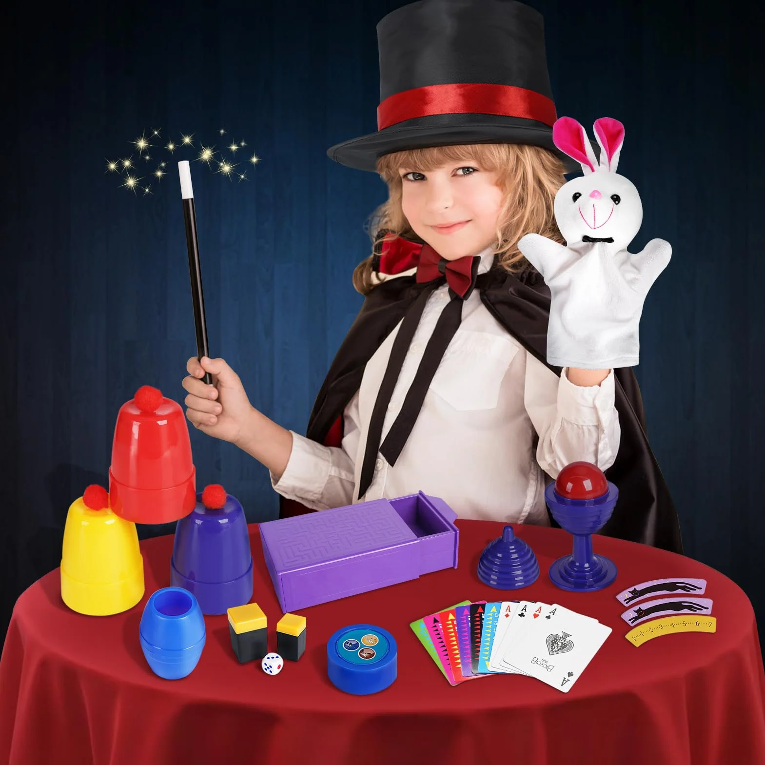 DINORUN Giochi di Magia per Bambini Giochi Bambini con Bastone Magico & Cappello Magico & Istruzioni, Regalo Bambini 6 7 8 9 10 11 12 Anni, 75+ Trucchi di Magia