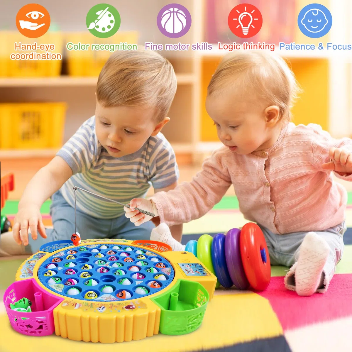 Gioco Musicale di Pesca con 45 Pesciolini e 4 Canna, Magnetico Giocattolo Educativo e Stimolante - Regali per Bambini e Bambine di 2 3 4 5 6 Anni