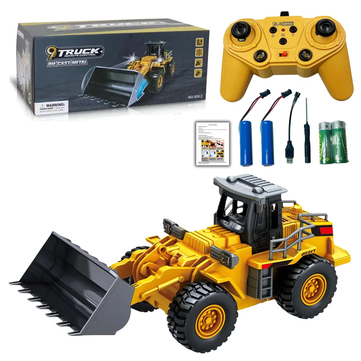 9 Canale 1:16 quattro ruote Bulldozer telecomandato giocattolo,con luci e suono, pala in metallo,telecomando senza fili,Caricatore Frontale con Telecomando,per Regali Per Bambini
