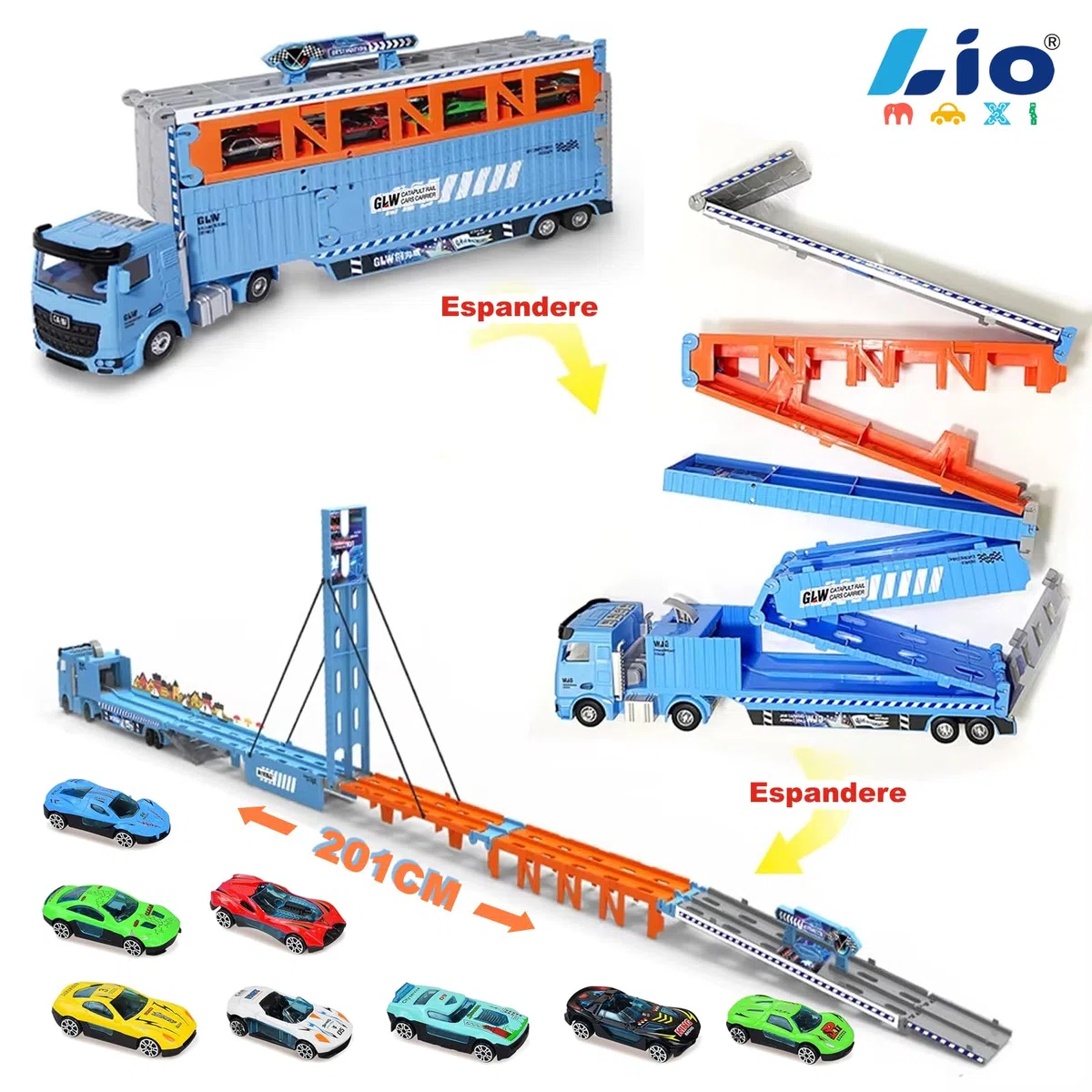 Camion Giocattolo per bambini, 201cm Pista da Trasporto Pieghevole Auto Eiettabile e 8 Auto da Corsa in Metallo, camion Porta Macchinine con Luci e Suoni, Regali per Bambini di 3 4 5 6+ Anni