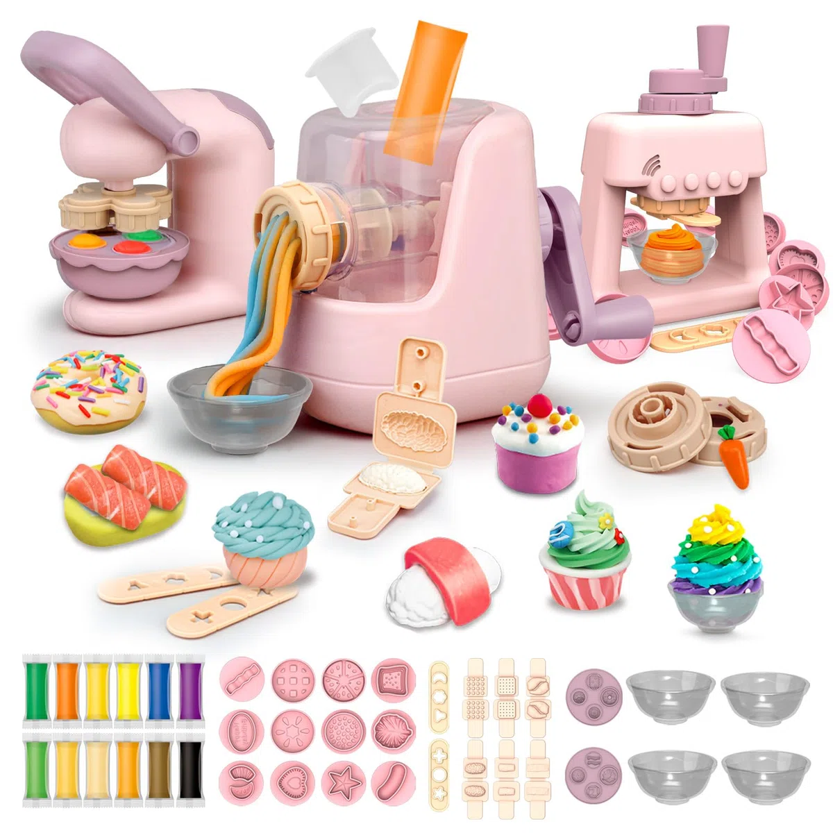 JONRRYIN Plastilina per Bambini, 65 Pezzi Formine per Plastilina Accessori con Macchina per Pasta e Gelatiera, Playdough Pasta da Modellare Regalo Giochi per Ragazzi Bambina (Pink1)