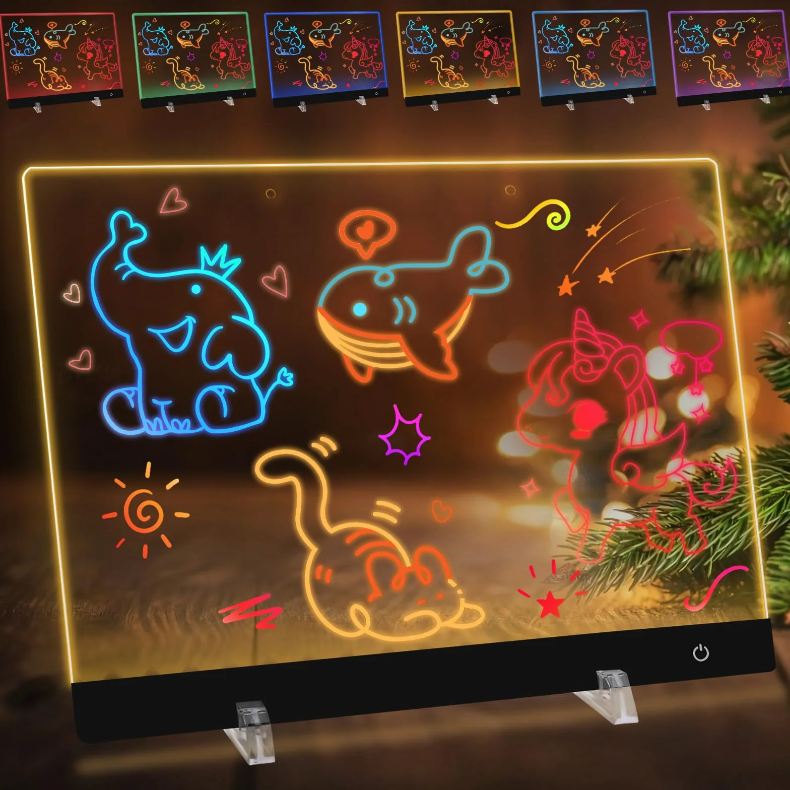 Lavagnetta in Acrilico con Luci LED, 35x25cm Lavagna Promemoria LED, 5 Modalità e 6 Colori Lavagna Luminosa per Disegnare, Tavoletta Grafica Bambini con Penna a 7 Colori, Catena, Supporto