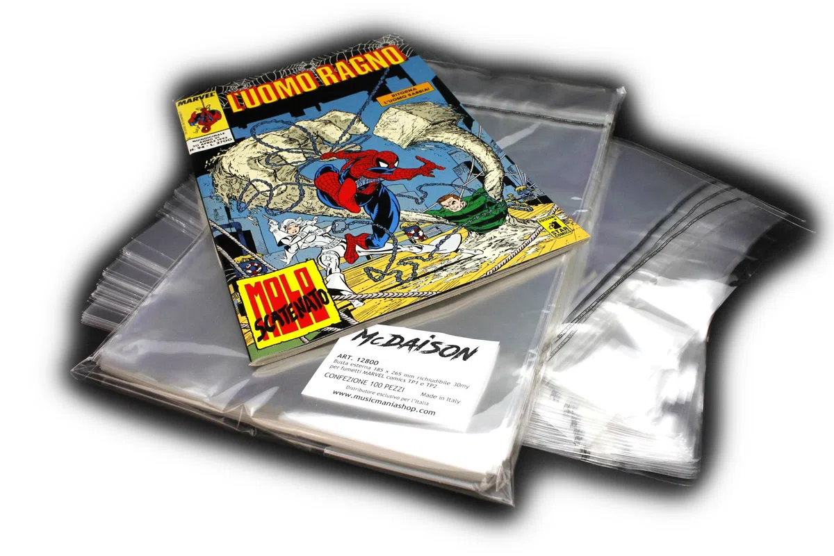 MC DAISON 100 pezzi Busta bustina copertina richiudibile 18,5 x 26,5 +3 cm per fumetti Marvel Comics (Tp1 e Tp2) Uomo Ragno, Lanterna Verde, Fantastici 4, Batman, Superman... Made in Italy