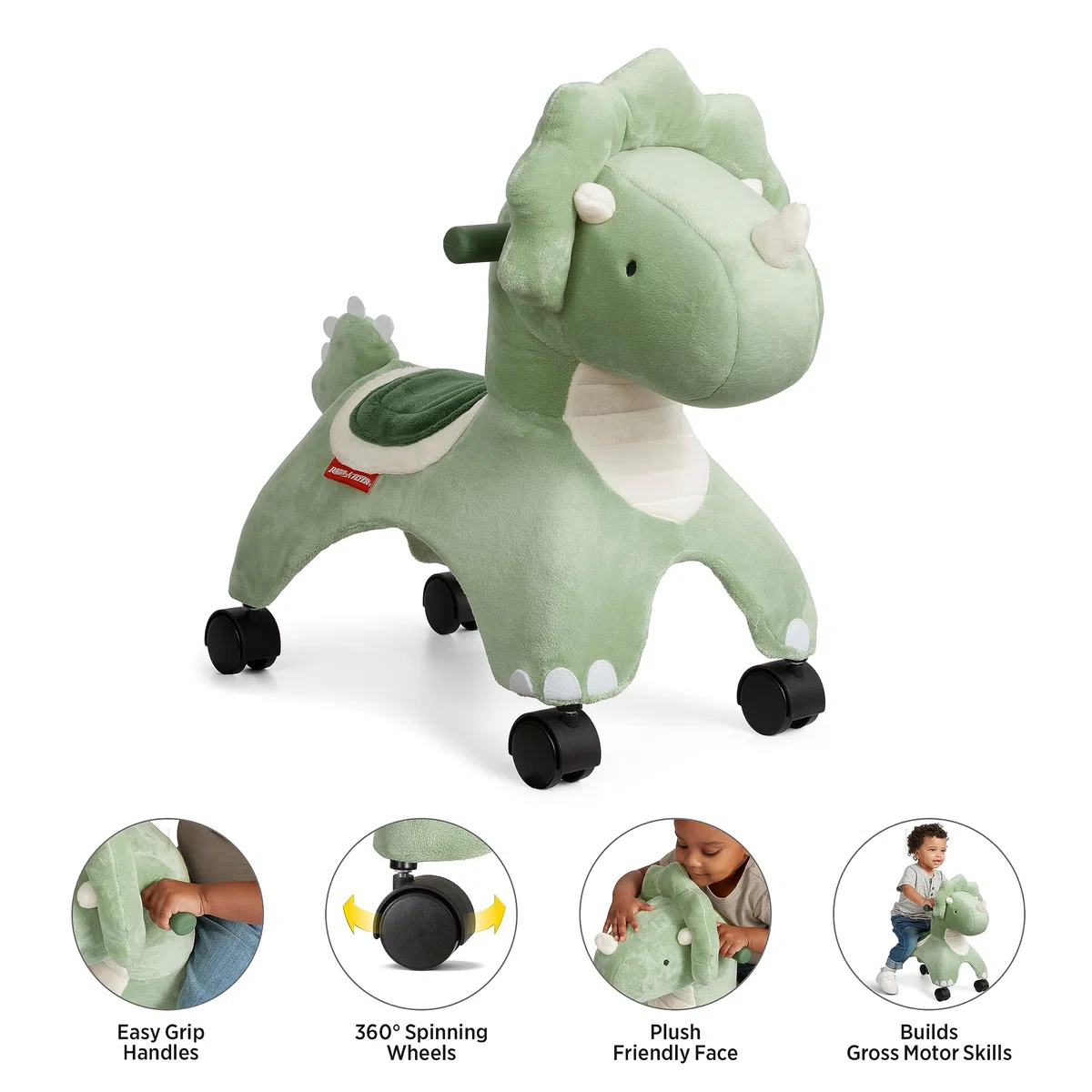 Radio Flyer Dash the Rolling Dinosaur, giocattolo da cavalcare verde per bambini da 1 a 3 anni