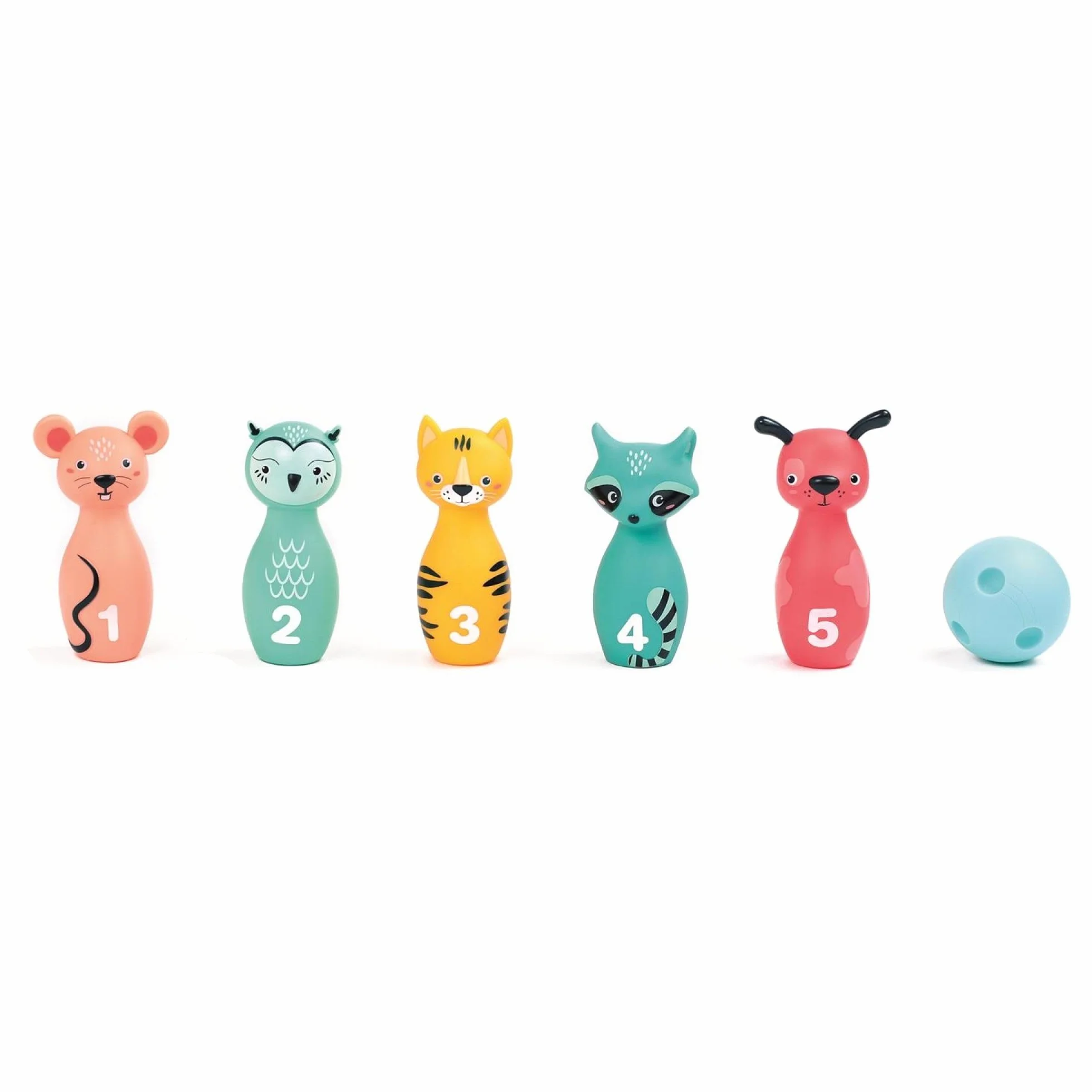 Ludi - Set di Birilli Morbidi per Neonati - dai 10 Mesi - 5 chiglie Animali Facili da Prendere in Mano + Sfera ergonomica - destrezza, Mira e coordinamento - Silenzioso e Leggero - 100% PVC, Lavabile