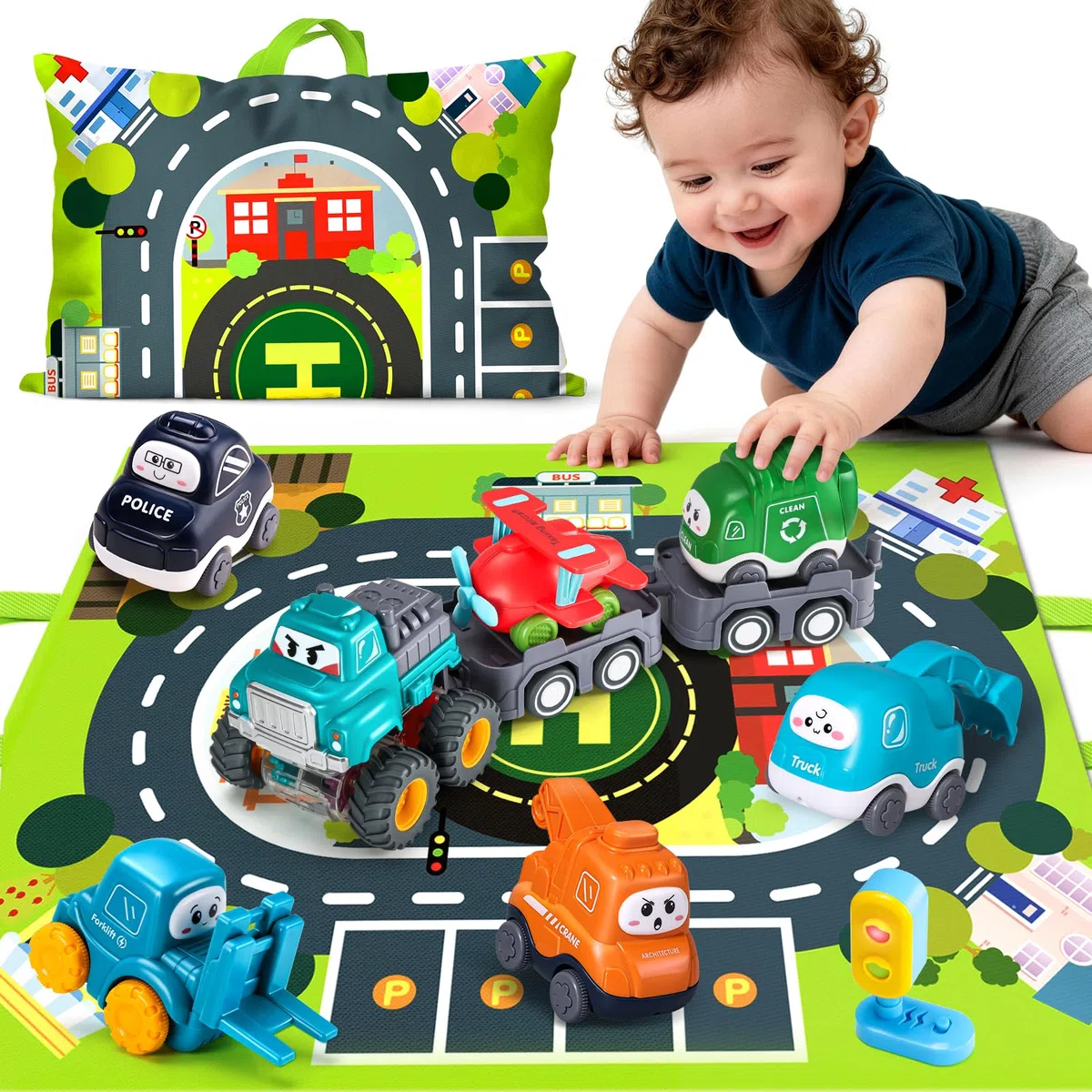 lerrbo 6 veicoli con rimorchio, mappa e semaforo giallo, tappetino da gioco e borsa portaoggetti, giocattoli per bambini di 1, 2 e 3 anni, regalo di compleanno per bambini di 1, 2 anni.