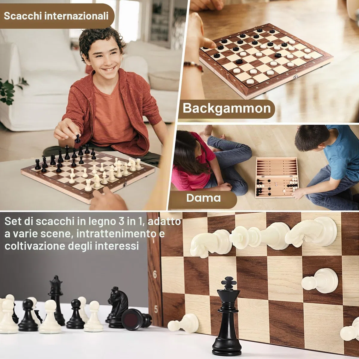 Mkitnvy Scacchiera Magnetica, 3 in 1 Scacchiera in Legno, Gioco da Scacchi Backgammon Dama, Portatili e Pieghevole Scacchi da Viaggio per Adulti Bambini All'aperto Festa - 39x39cm, CX-GJXQ-39