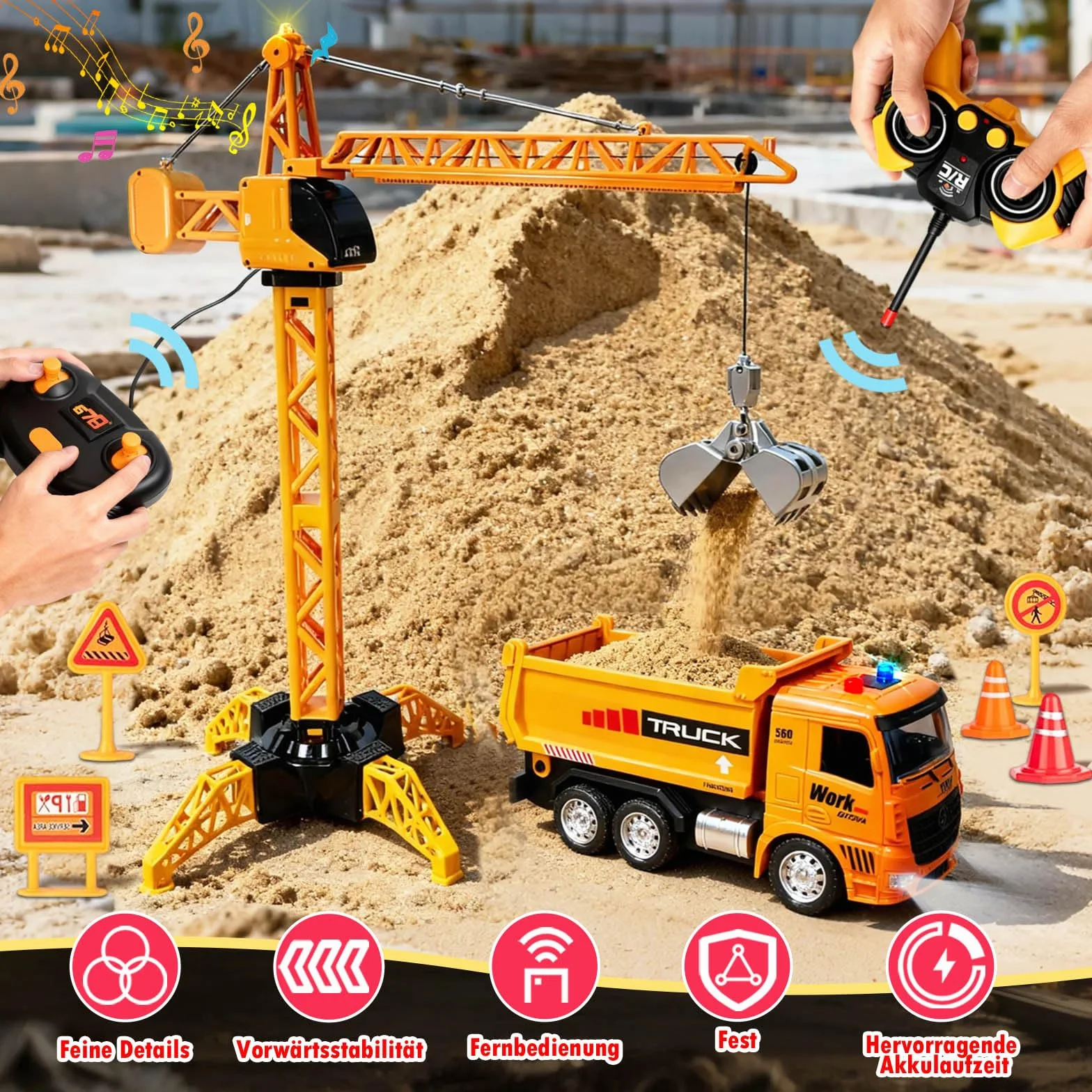 Gru Giocattolo e Camion per Bambini, 2 RC 2,4 GHz Set di Giocattoli da Costruzione con Gancio di Sollevamento, Faro e Suono, Gru a Torre e Camion Telecomandati, Regalo Compleanno Ragazzi dai 6 Anni