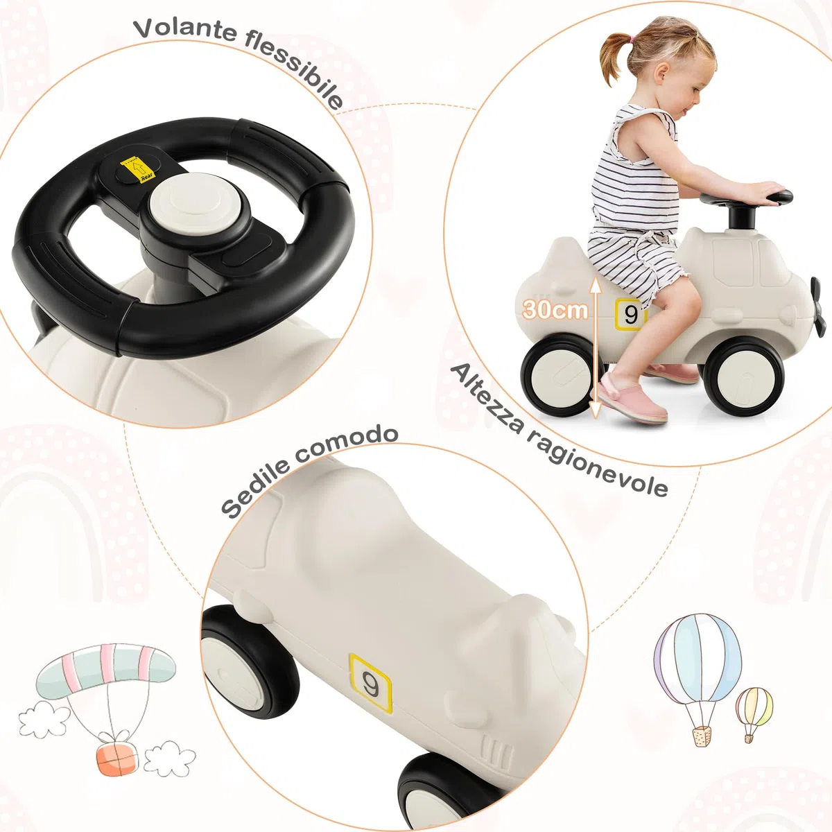 COSTWAY Macchinina Cavalcabile a Spinta per Bambini, Macchina Giocattolo a Forma di Aereo, Veicolo da Guidare con Piedi e Sterzo Flessibile e 4 Ruote, Ideale per Bambini 18-72 Mesi