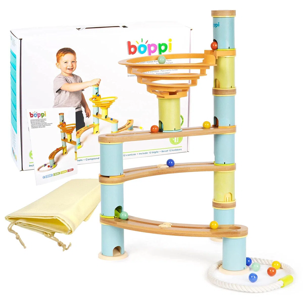 Pista Biglie Giochi in Legno per Bambini - Giochi Educativi Montessori dai 3 Anni in Su - Costruzioni per Bambini Stem 48 Pezzi e 12 Biglie di Vetro Colorate - Regalo Bambino Natale di Boppi