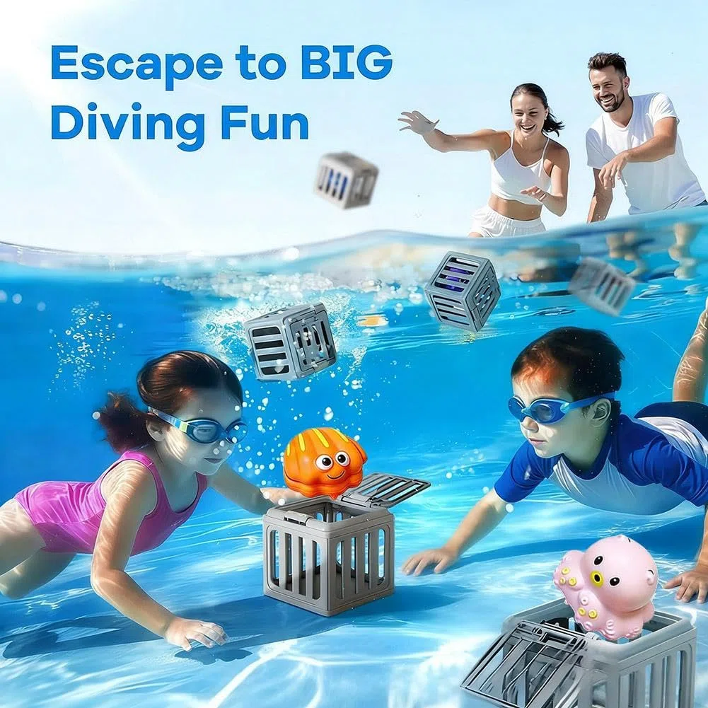 Giocattoli subacquei per piscina, gioco di salvataggio subacqueo con gabbia per piscina e abitanti galleggianti, gioco d'acqua per allenamento di nuoto, regalo estivo per spiaggia (set da 6)