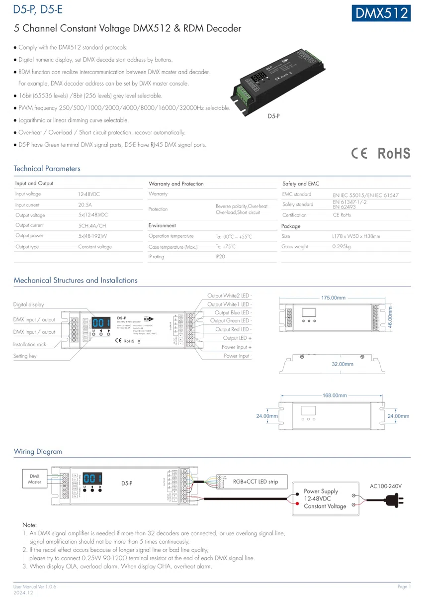 Decoder DMX512 a 5 canali, tensione costante RDM, dimmer LED DMX, DC 12-48V