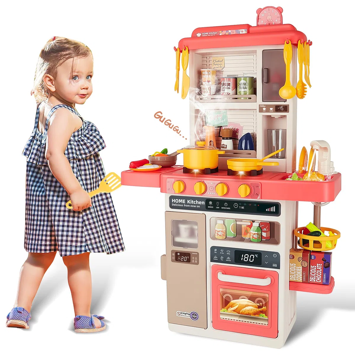 deAO Kitchen Toy Cucina per bambini con suoni e luci, vapore, 50PCS accessori da cucina per bambini include piatti, cibo, lavello, forno e piastre di cottura giocattoli, set da gioco, Rosa