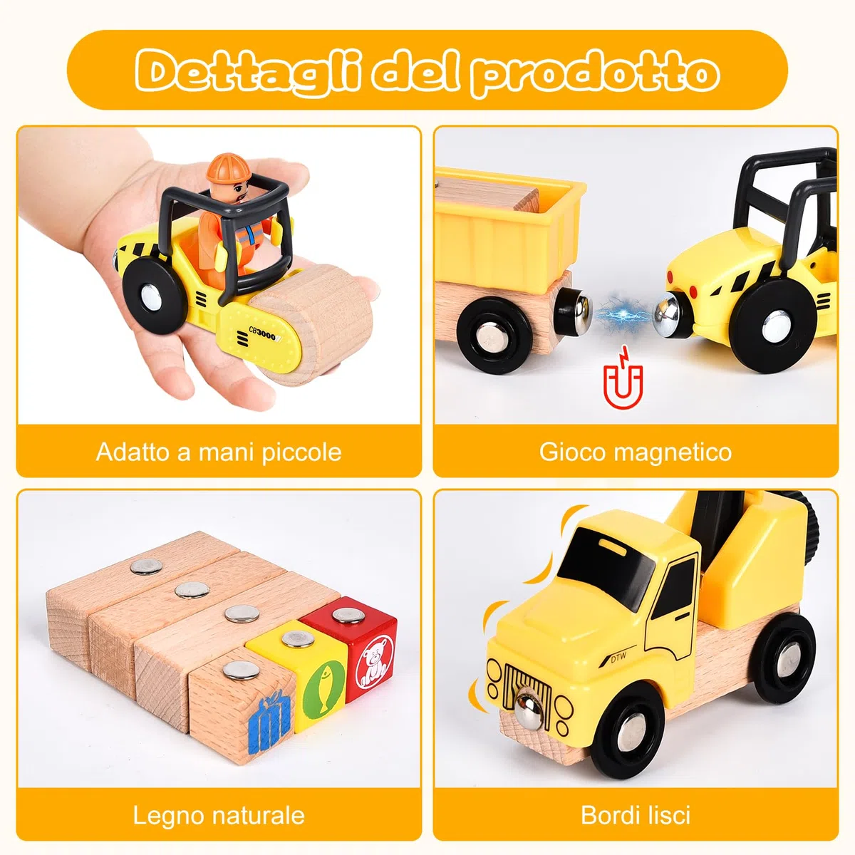 Buzzoxerex Veicolo da Cantiere in Legno per Bambini, Magnetico Veicoli Gru Giocattolo con Gru a Cavalletto, Rullo compressore, Carro Attrezzi, Veicoli da Costruzione Regalo Bimbo dai 3 anni