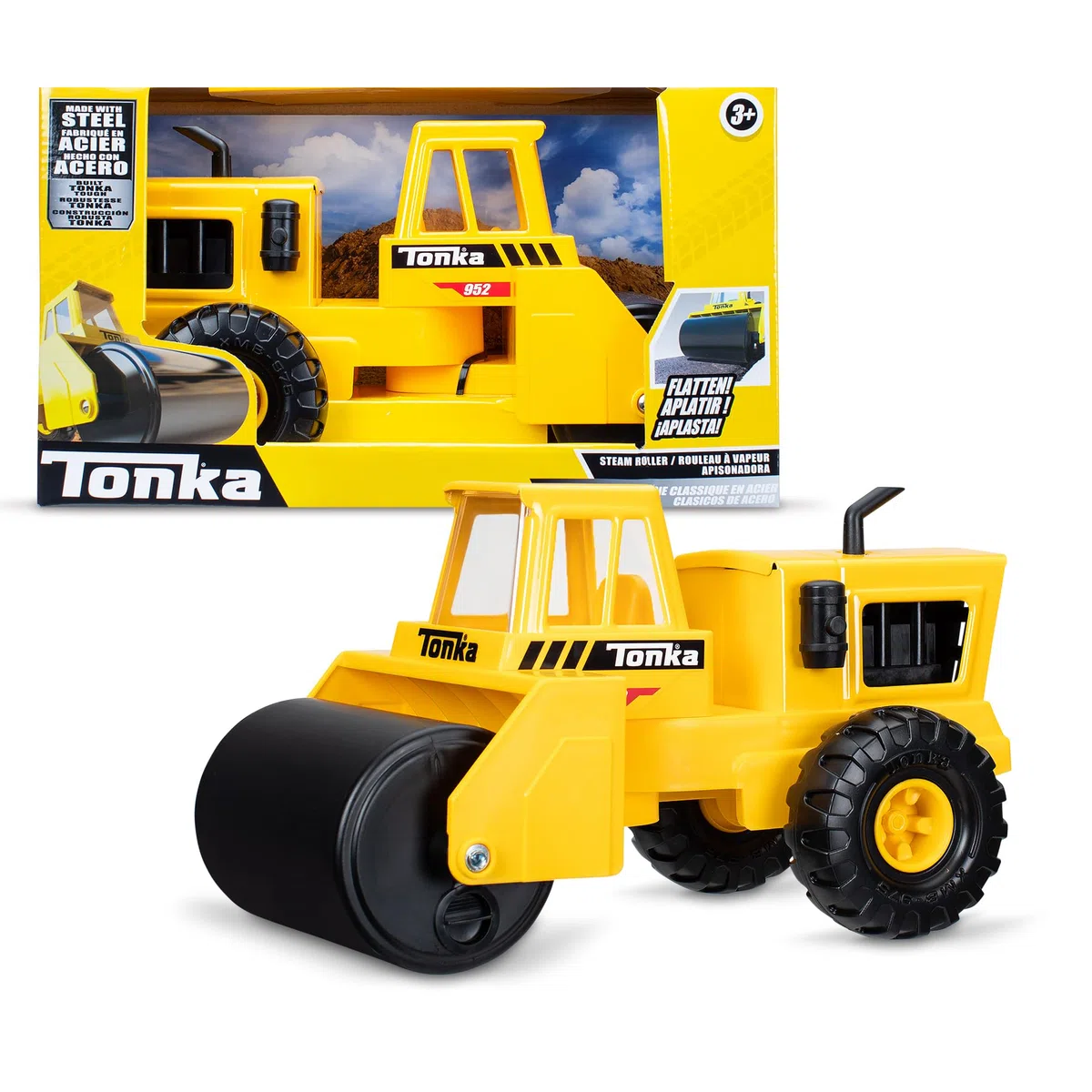 Tonka Rullo Compressore in Acciaio, Struttura Resistente in Vero Acciaio, Giocattolo da Demolizione Giallo con Movimenti Realistici, Per Bambini e Bambine dai 3 Anni in su