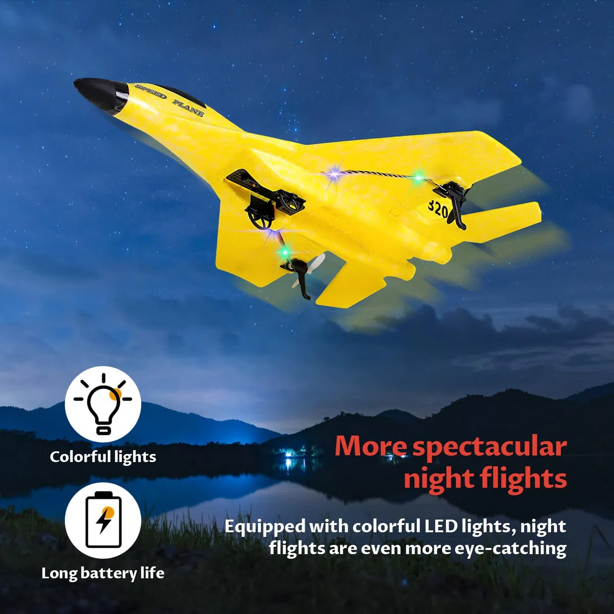 Aereo RC 2 Canali, Stabilizzatore Giroscopico da 2,4 GHz Aereo per Aliante, Facile da Pilotare per Adulti Bambini Principianti, Ricarica USB, Illuminazione Fantastica, Giallo