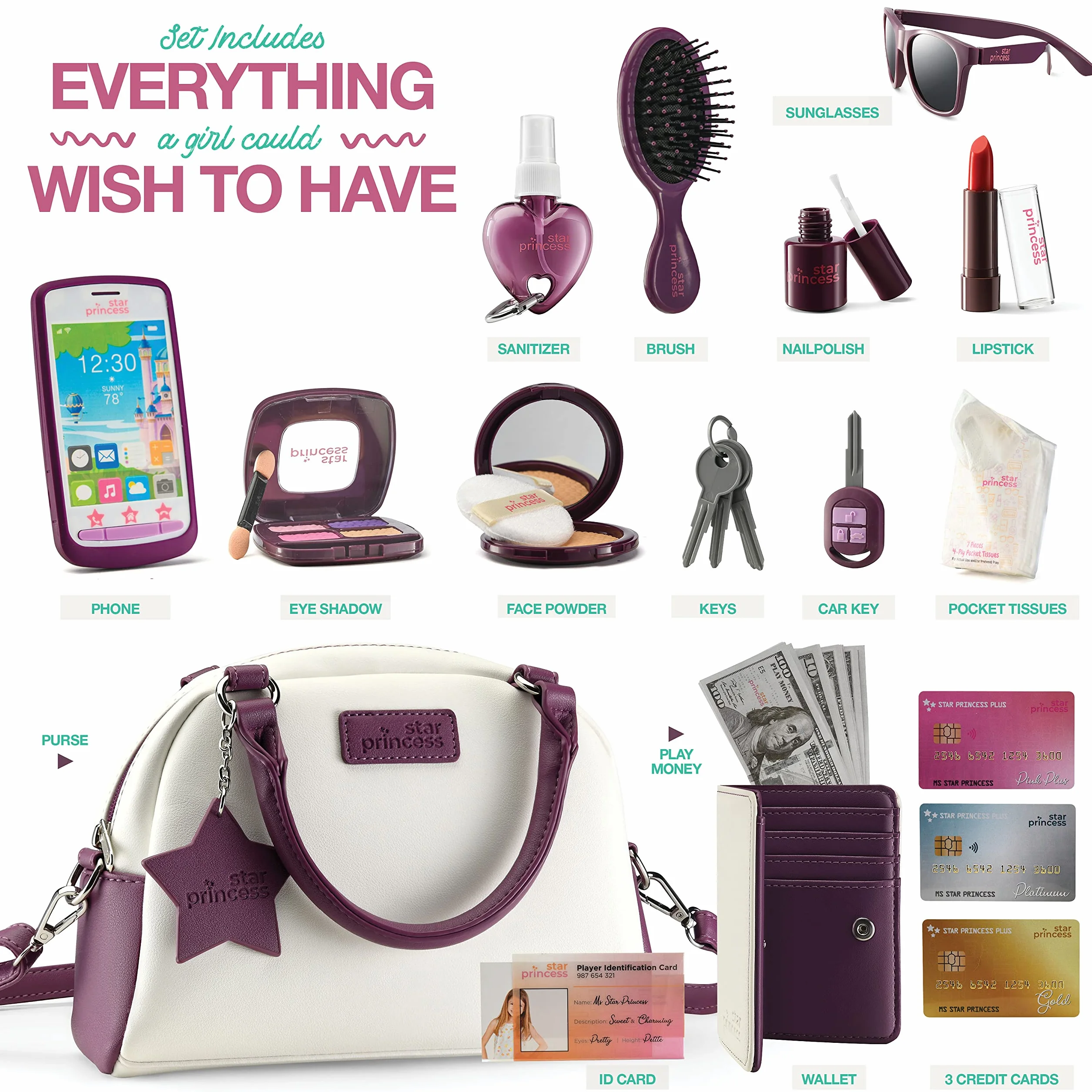 Borsetta per Bambine con Accessori - Il Mio Primo Set Borsetta Include Trucco Finto Giocattolo, Telefono, Portafoglio, e Giochi Immaginativi Piccole dai per 3 4 5 6 7 8 in Su Ottimo Regalo per Bambine