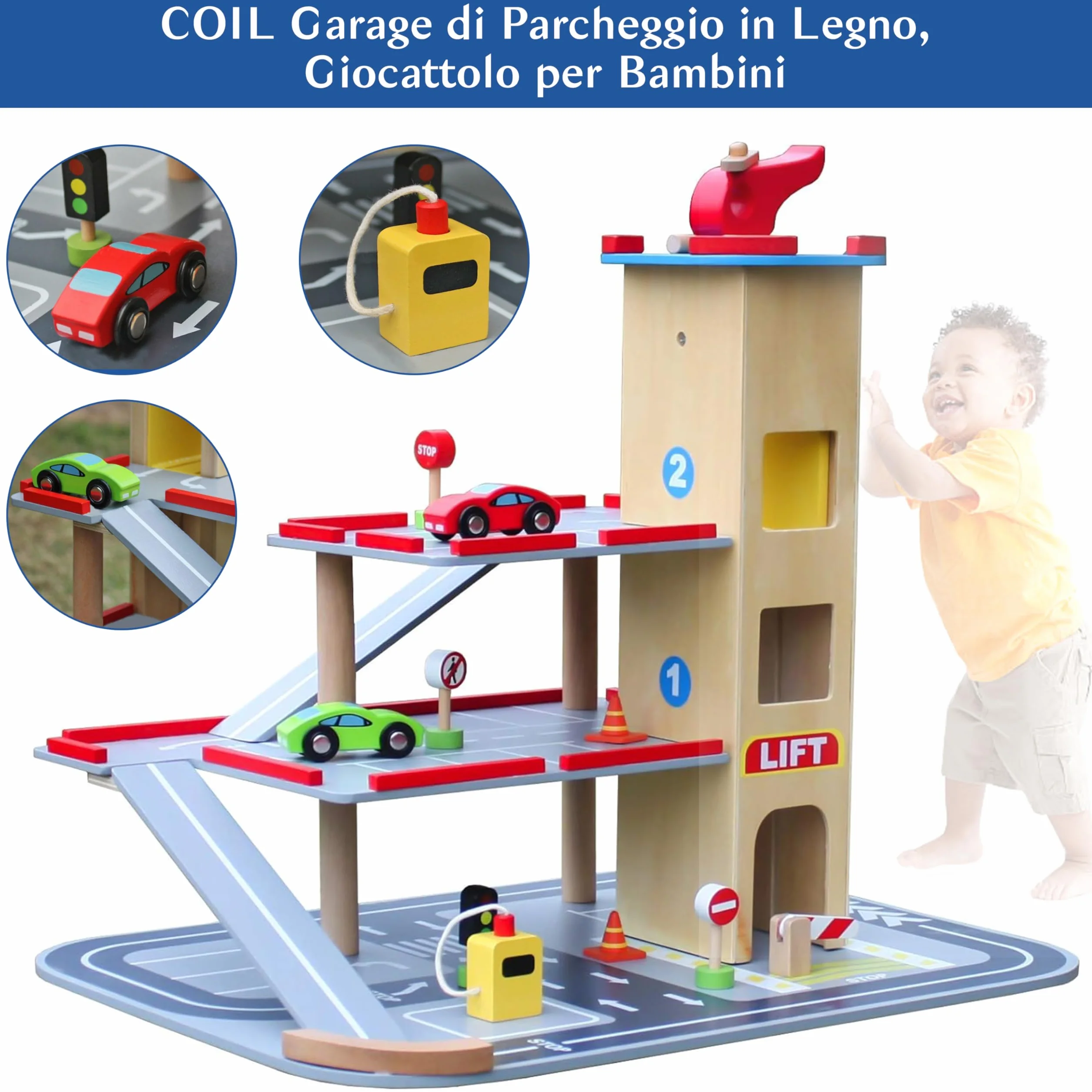 COIL Garage di Legno per Bambini con Ascensore - Macchine per Bambini - Gioco di Legno con Macchinina e Accessori
