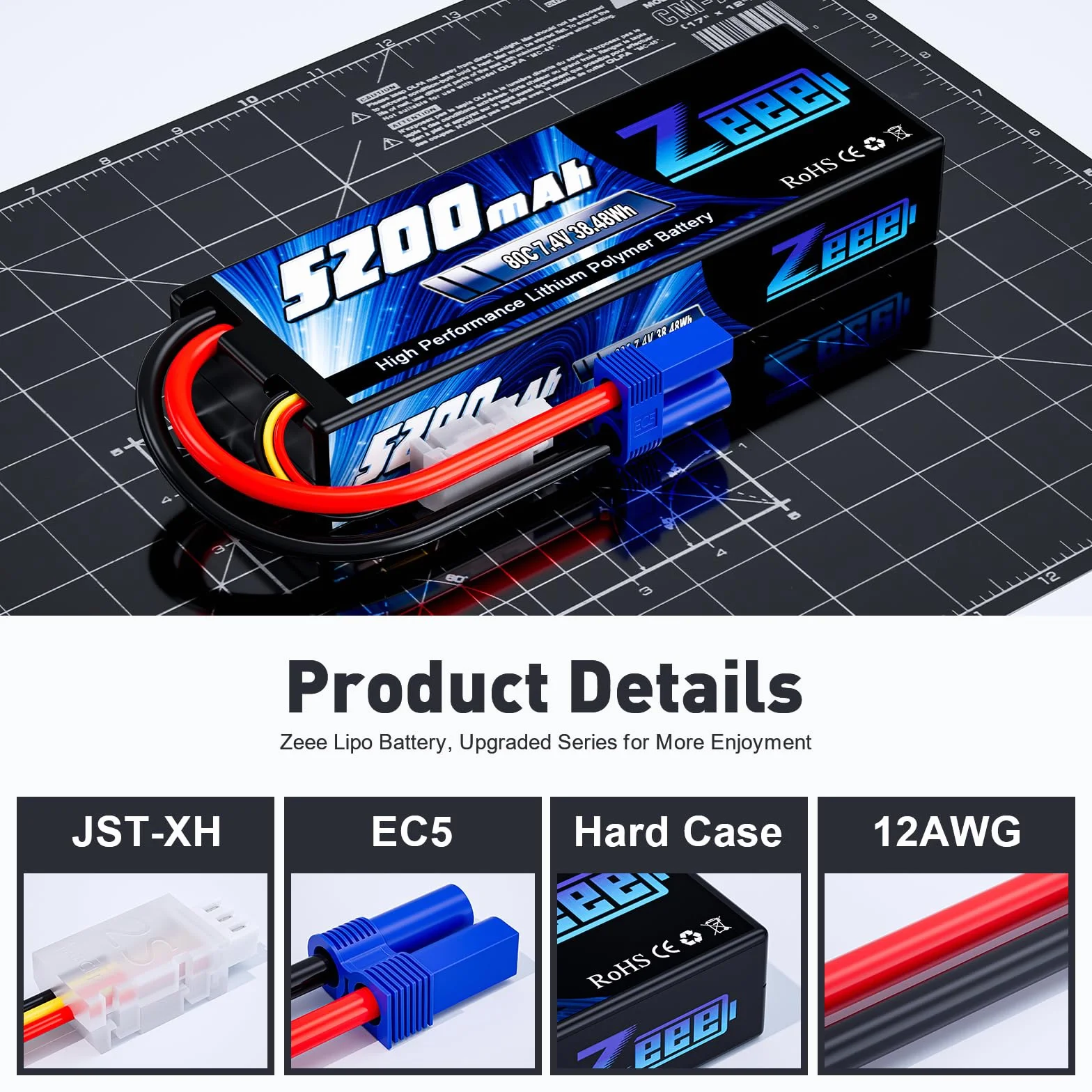 Zeee 2S Lipo Batteria 7,4V 80C 5200mAh RC Batteria Hardcase con Connectore EC5 Spina per RC Evader BX RC Veicolo Auto LKW Truggy RC Nave RC Modells RC Hobby (2 pezzi)