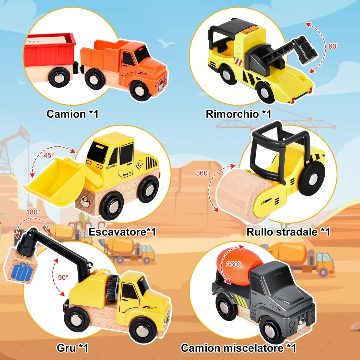 Buzzoxerex Veicolo da Cantiere in Legno per Bambini, Magnetico Veicoli Gru Giocattolo con Gru a Cavalletto, Rullo compressore, Carro Attrezzi, Veicoli da Costruzione Regalo Bimbo dai 3 anni