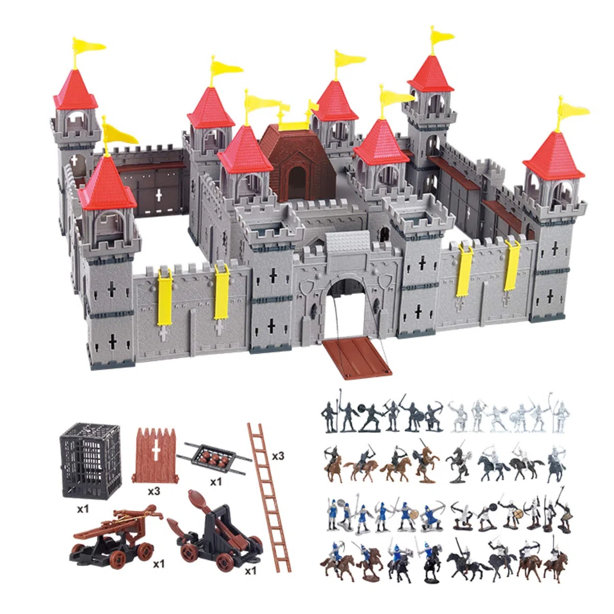 Grande Ritterburg - Set da gioco per bambini con personaggi e accessori, giocattolo medievale a partire dai 3 anni, con cavalieri, cavalli, bandiere e scale, sistema a incastro in plastica, per