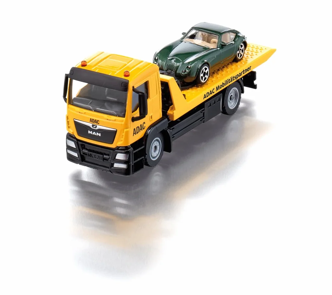 Siku 2722, Carro Attrezzi MAN ADAC, Inclusa Auto Giocattolo, 1:55, Metallo/Plastica, Giallo, Fedele all'Originale, Verricello a Cavo Estensibile, Piattaforma di Trasporto Inclinabile e Abbattibile