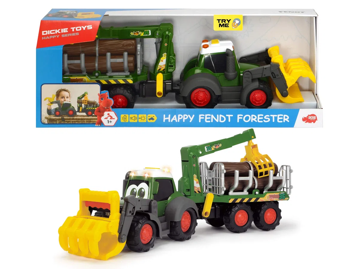 Dickie Toys ABC Fendt Forester, escavatore giocattolo con rimorchio, artiglio meccanico tramite maniglia, tronchi, luce e suono, batterie incluse, lunghezza 65 cm, verde