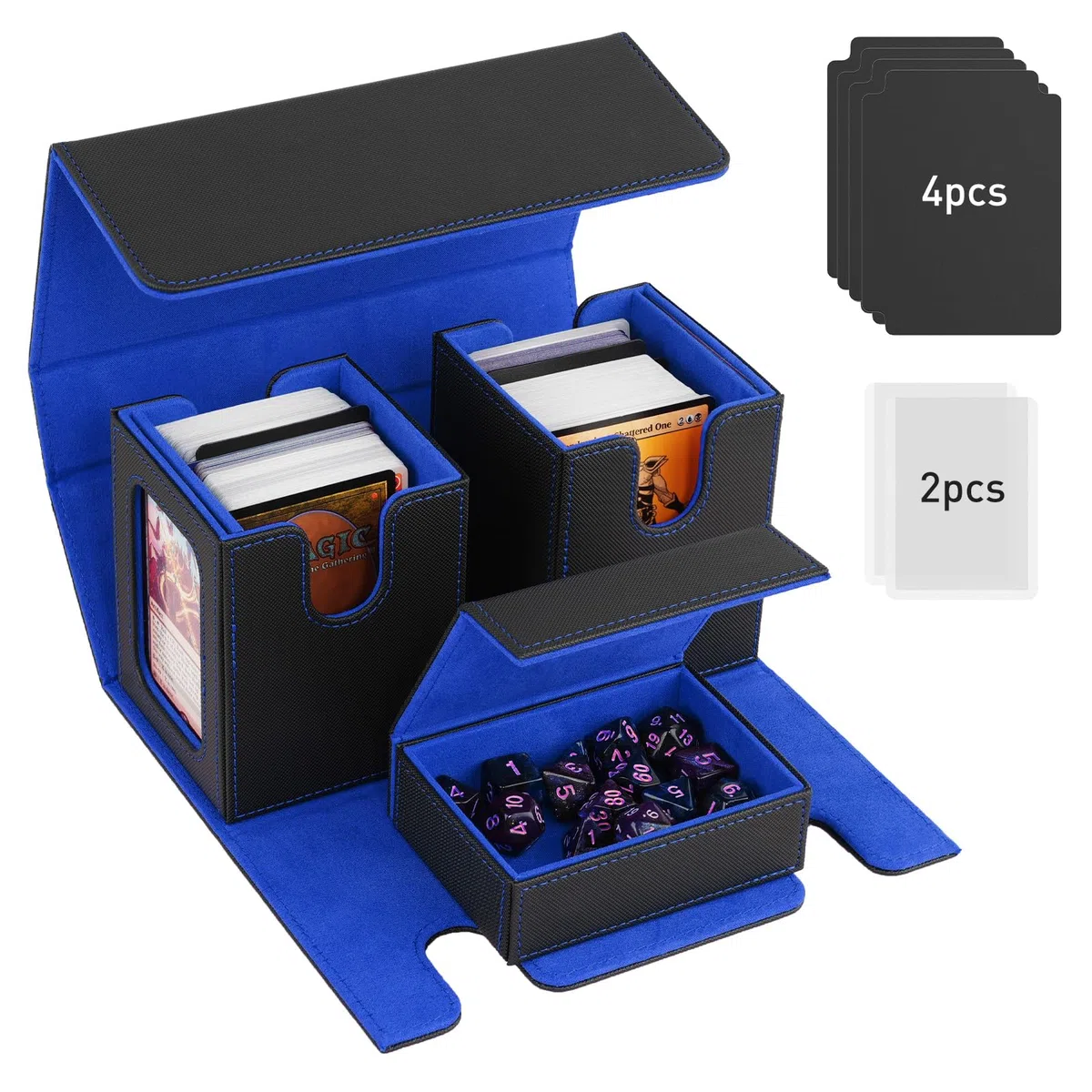 TiMOVO Scatola Porta Mazzi di Carte Magic, Scatola Magnetica con 2 Commander Display e 4 Divisori per 200+ Carte e 1 Vassoio per Dadi, Deck Box in Pelle per Carte Magiche MTG YuGiOh TCG CCG, Nero+Blu