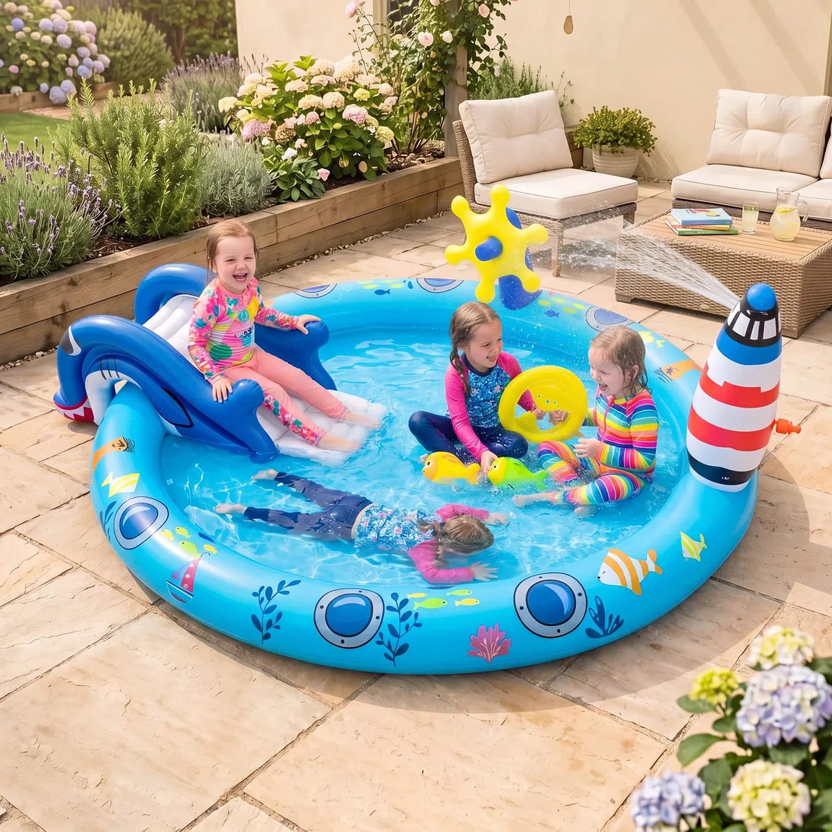 HOMASIS Piscina Gonfiabile per Bambini 2-6 Anni, Piscinetta con Scivolo Sicuro, Spruzzo a Faro e Giocattoli, Parco di Giochi in Vinile, Gonfiaggio Facile, per Cortile e Giardino, 188 x 153 x 63 cm