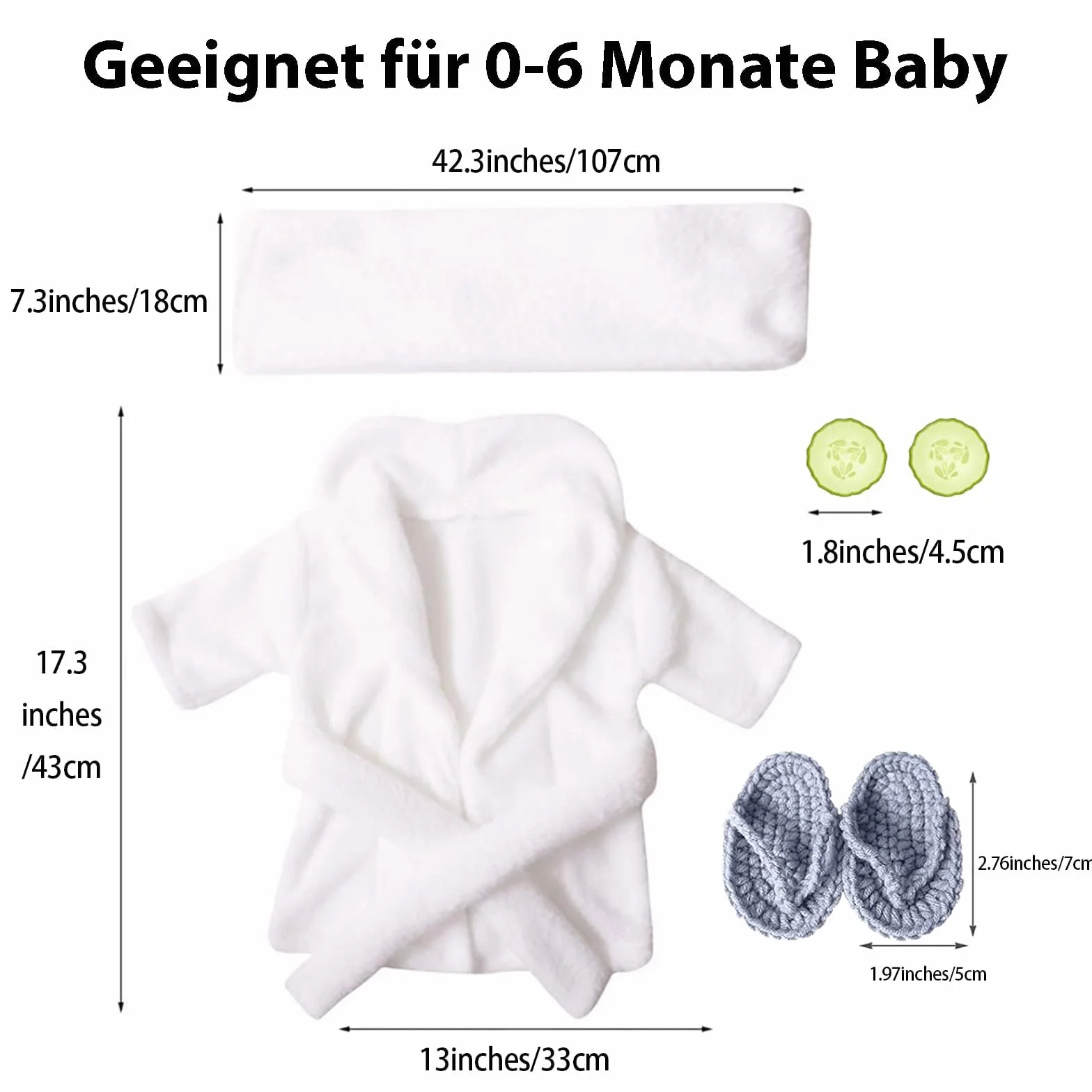 Neonato Fotografia Puntelli, Bianco Vestiti Baby Photoshoot, Costume Neonato Telo da Bagno Vestito con Pantofole e Cetriolo, Prop Outfit per 0-6 mesi (Bianco)