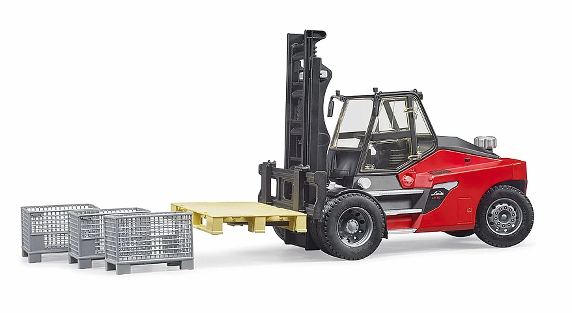 bruder 02513 - Carrello elevatore Linde HT160S con piastra e 3 gabbie per pallet