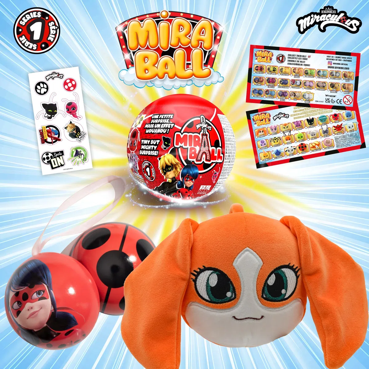 Miraculous Ladybug, giocattolo da collezione capsula 4-1, Set di 4, Miraball sorpresa: Kwami in peluche estensibile,Sfera di metallo con immagini dei personaggi,Adesivi luccicanti,Nastro per appendere