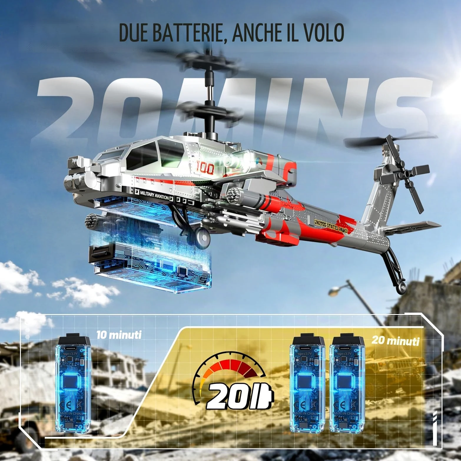 XIKOTEC Elicottero Telecomandato per Bambini, Elicottero Radiocomandato con 2 Batt, LED & Decollo/Atterraggio 1 Tasto, Elicottero Giocattolo Elicottero RC Giochi Regalo per Ragazzi 8+