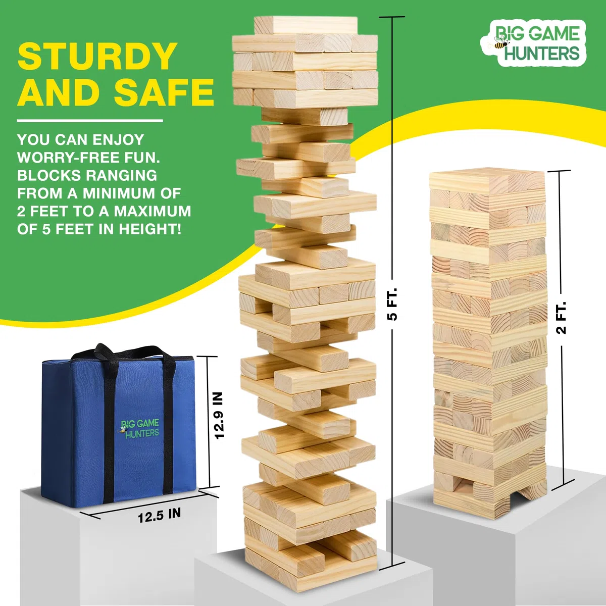 Big Game Hunters Jumbo Hi-Tower In Una Borsa – Impila Da 0.6 Metri Fino A 1.5 Metri Di Altezza – Gioco Della Torre In Legno Di Pino Massiccio