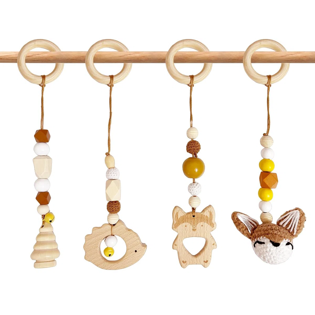 4 Pezzi Palestrina Neonato Montessori, Palestrina Neonato Legno, Giochi per Passeggino da Appendere, Baby Gym con Ciondolo in Legno, per Il Gioco e Il Fitness dei Bambini (Marrone)