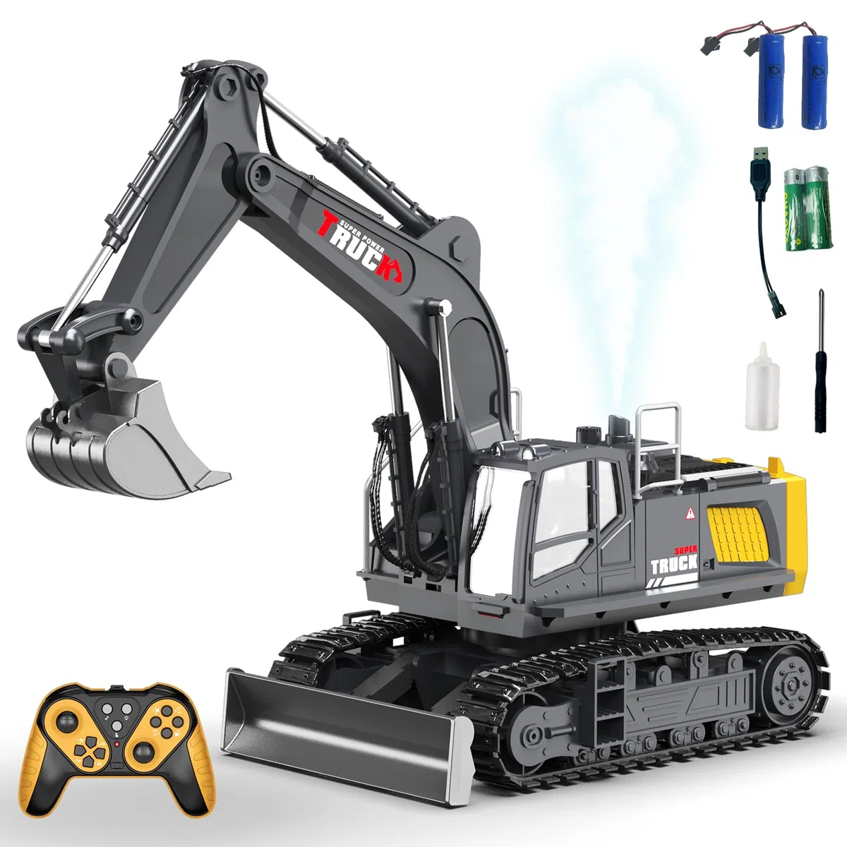 1:12 Scala 15 Canali Grande Escavatore Telecomandato per Bambini,Escavatori Radiocomandato,con luci,Suono di funzionamento, Pala Metallica, demo a un tocco,Spruzzo simulato, 680° di Rotazione