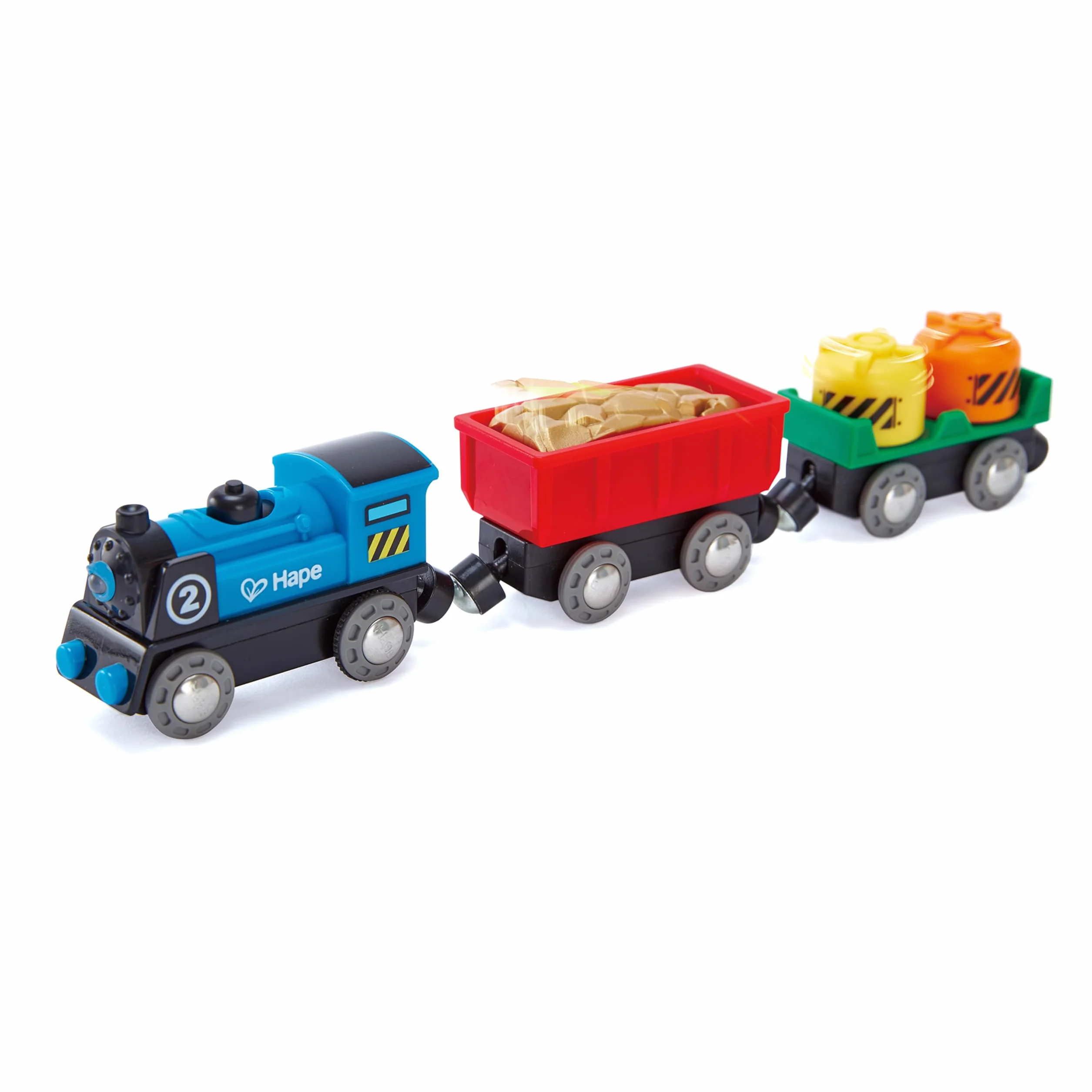 Hape Treno merci a batteria - Locomotiva giocattolo con due vagoni dotati di luci, effetti e giunti magnetici compatibili per gioco a tema ferrovia dai 3 anni